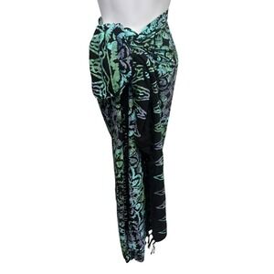 Handmade Indonesia Rayon Batik Sarong Wrap Teal Green Black Floral Fringed Pareo